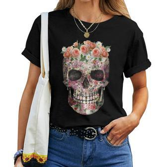 Rose Floral Sugar Skull Day Of The Dead Halloween Women T-shirt | Mazezy
