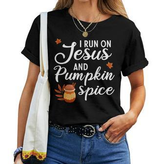 I Run On Jesus And Pumpkin Spice Halloween Fall Women Halloween Women T-shirt | Mazezy