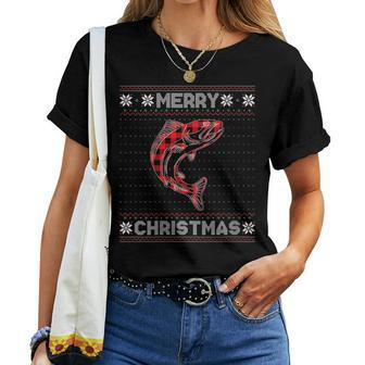 Salmon Christmas Red Plaid Graphic Xmas Ugly Sweater Party Women T-shirt - Monsterry