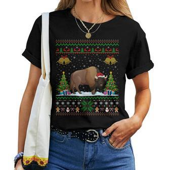Santa Bison Animal Xmas Lighting Ugly Bison Christmas Women T-shirt | Mazezy