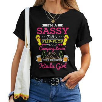 Sassy Flip Flop Camping Beer Drinking Girl Funny Summer Camp Women T-shirt Casual Daily Crewneck Short Sleeve Graphic Basic Unisex Tee