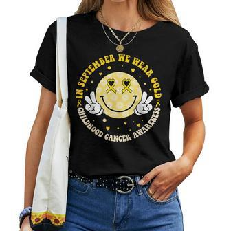 In September We Wear Gold Childhood Cancer Awareness Groovy Women T-shirt | Mazezy