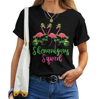 Shenanigan Squad Three St Patricks Day Flamingo Shamrocks Women T-shirt | Mazezy