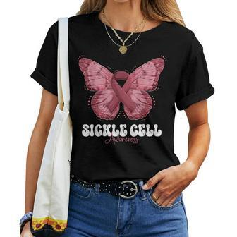 Sickle Cell Awareness Month Burgundy Ribbon Butterfly Women T-shirt - Seseable