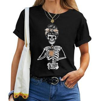 Skeleton Messy Bun Coffee Drinking Halloween Costume Women T-shirt - Monsterry AU