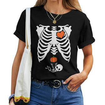 Skeleton Pregnancy Baby X-Ray Halloween Pregnant Mom Women T-shirt - Monsterry