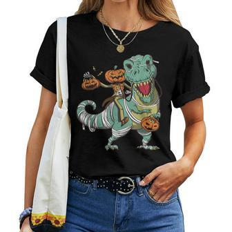 Skeleton Riding Mummy Dinosaur T Rex Halloween Pumpkin Women T-shirt | Mazezy