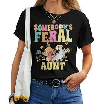 Somebodys Feral Aunt Mushroom Cat Wild Auntie Groovy Floral Women T-shirt | Mazezy