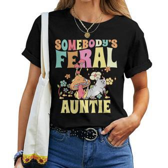 Somebodys Feral Auntie Wild Aunt Groovy Mushroom Floral Cat Women T-shirt | Mazezy