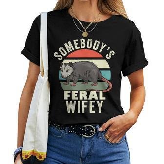 Somebodys Feral Wifey Wife Retro Feral Cat Animal For Wife Women T-shirt Crewneck | Mazezy