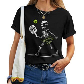 Spooky Pickleball Halloween Skeleton Women T-shirt - Monsterry