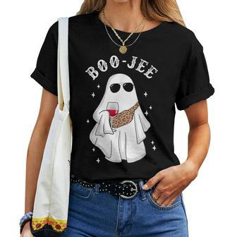 Spooky Season Cute Ghost Halloween Boo Jee Wine Leopard Women T-shirt - Monsterry