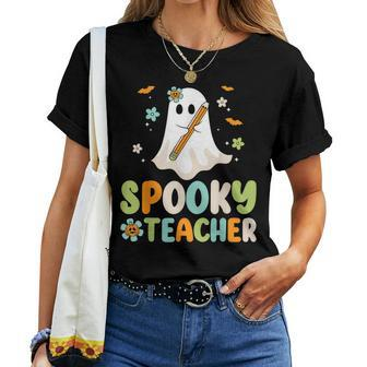 Spooky Teacher Ghost Holding Pencil Halloween Teaching Women T-shirt - Monsterry DE