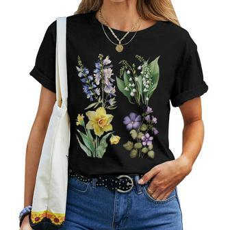 Spring Botanical Flowers Lily Valley Daisy Violet Daffodil Women T-shirt | Mazezy
