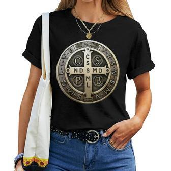 St Benedict Medal Saint Benedict Cross Catholic Christian Women T-shirt | Mazezy