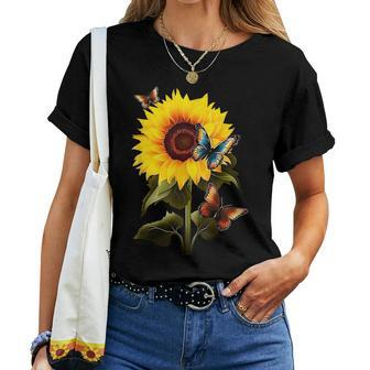 Sunflower Butterfly Vintage Botanical Flower Women Graphic Women T-shirt Crewneck | Mazezy CA