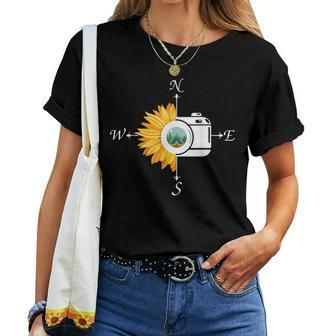 Sunflower Camera Camping Hippie Photographer Women T-shirt | Mazezy