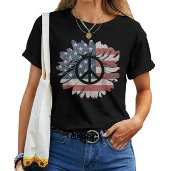 Sunflower Peace Sign Patriotic Memorial Day July 4 Women T-shirt | Mazezy
