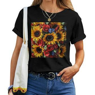 Sunflower And Rose Red Yellow Floral Pattern Women T-shirt | Mazezy