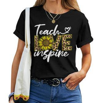 Teach Love Inspire Sunflower Leopard Back To School Teacher Women T-shirt - Seseable