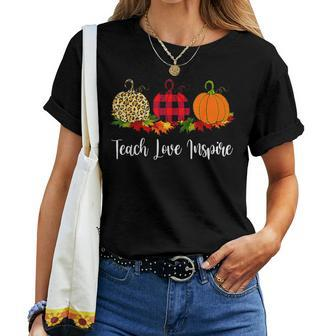 Teach Love Inspire Teacher Autumn Fall Pumpkin Leopard Women T-shirt - Monsterry UK