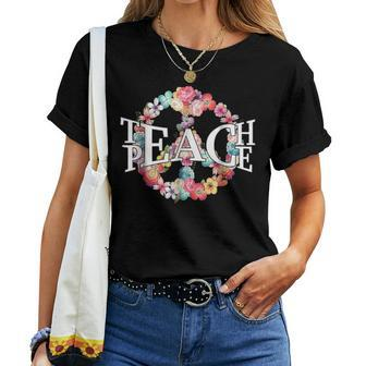 Teach Peace Teacher Inspiration Peace Sign Hippie Floral Women T-shirt - Monsterry UK