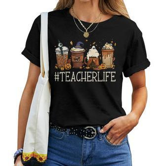 Teacher Horror Fall Coffee Spooky Halloween Pumpkin Autumn For Coffee Lovers Women T-shirt | Mazezy