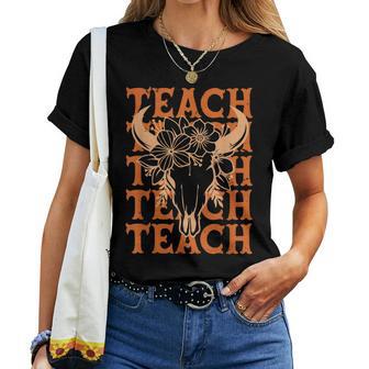 Teacher Western Boho Wild West Bull Skull Back To School Women T-shirt Short Sleeve Graphic - Thegiftio UK