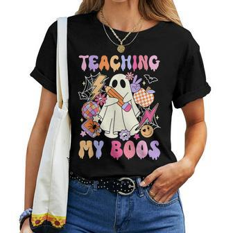Teaching My Boos Ghost Halloween Groovy Retro Teacher's Day Women T-shirt - Monsterry