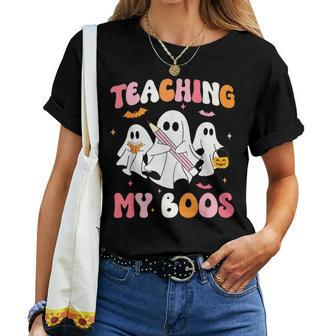 Teaching My Boos Spooky Teacher Ghost Halloween Groovy Retro Women T-shirt - Thegiftio UK