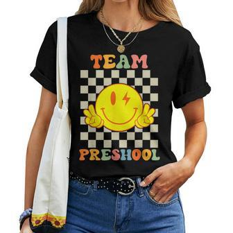 Team Preschool Smile Face Retro Groovy Back To School Women T-shirt - Seseable