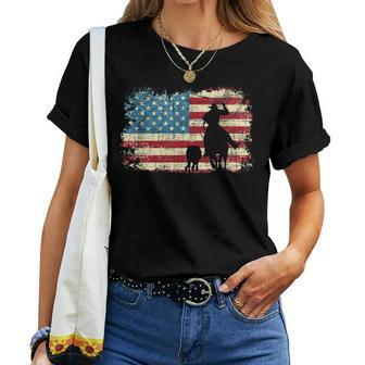 Team Roping Usa Flag Cowboy Cowgirl Rancher Heading Heeler Women T-shirt | Mazezy