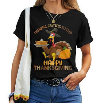 Thankful Grateful Blessed Happy Thanksgiving Girls Turkey Women T-shirt - Seseable