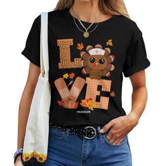 Thanksgiving Nurse Love Turkey Scrub Top Nurse Life Women T-shirt - Thegiftio