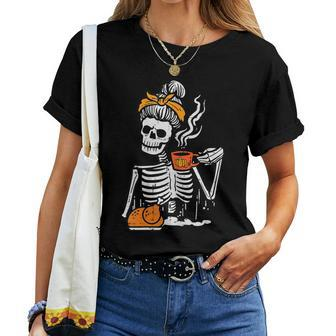 Thanksgiving Skeleton Messy Bun Pumpkin Coffee Girls Women T-shirt - Thegiftio UK