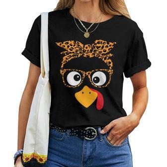 Thanksgiving Turkey Face Leopard Print Glasses Autumn Fall Women T-shirt - Monsterry