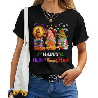 Three Gnomes Halloween Merry Christmas Happy Hallothanksmas Women T-shirt | Mazezy