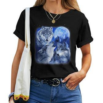 Three Wolves 3 Grey Wolf Howling At The Moon Wild Animal Women T-shirt - Seseable