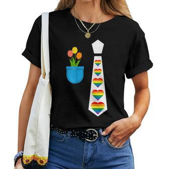 Tie Tuxedo Gay Pride Costume Rainbow Hearts Beautiful Tulips Women T-shirt | Mazezy