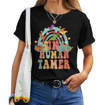 Tiny Human Tamer Groovy Rainbow Daycare Provider Teacher Women T-shirt | Mazezy