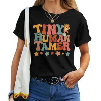 Tiny Human Tamer Retro Groovy Preschool Kindergarten Teacher Women T-shirt | Mazezy