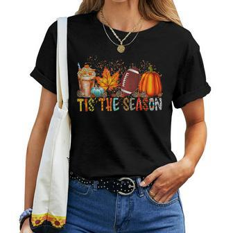 Tis' The Season Leopard Pumpkin Football Halloween Fall Women T-shirt - Seseable