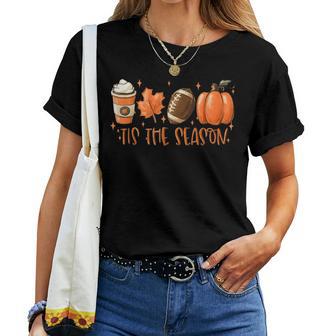 Tis The Season Football Coffee Latte Leaves Hello Pumpkin Women T-shirt Short Sleeve Graphic - Thegiftio UK