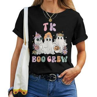Tk Boo Crew Retro Groovy Halloween Floral Ghost Tk Teacher Women T-shirt - Monsterry UK