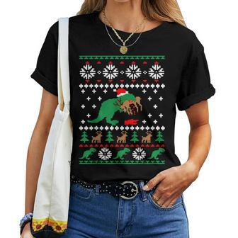 Trex Eating Reindeer Christmas Women T-shirt - Seseable