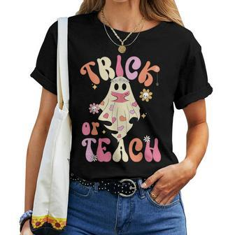 Trick Or Teach Retro Floral Groovy Ghost Teacher Halloween Women T-shirt - Thegiftio UK