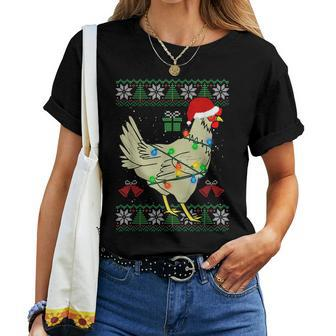 Ugly Christmas Chicken Sweater Santa Hat Lights Women T-shirt - Seseable