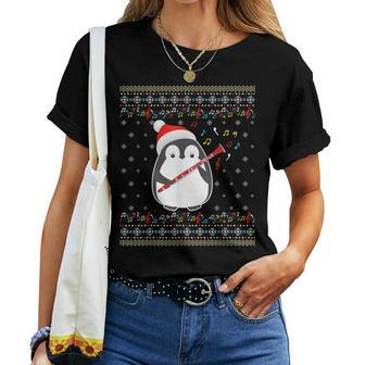 Ugly Christmas Ugly Xmas Sweater Penguin Clarinet Player Women T-shirt | Mazezy