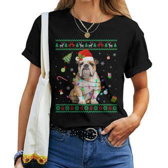Ugly Sweater English Bulldog Dog Christmas Lights Santa Hat Women T-shirt | Mazezy