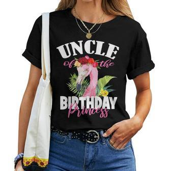 Uncle Of The Birthday Princess Floral Flamingo Girls Party Women T-shirt | Mazezy